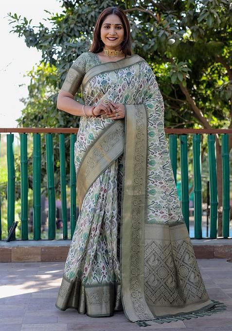 Green Floral Zari Pure Silk Bandhani Saree Set