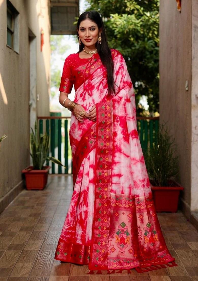 Red Tie And Dye Zari Pure Silk Saree Set