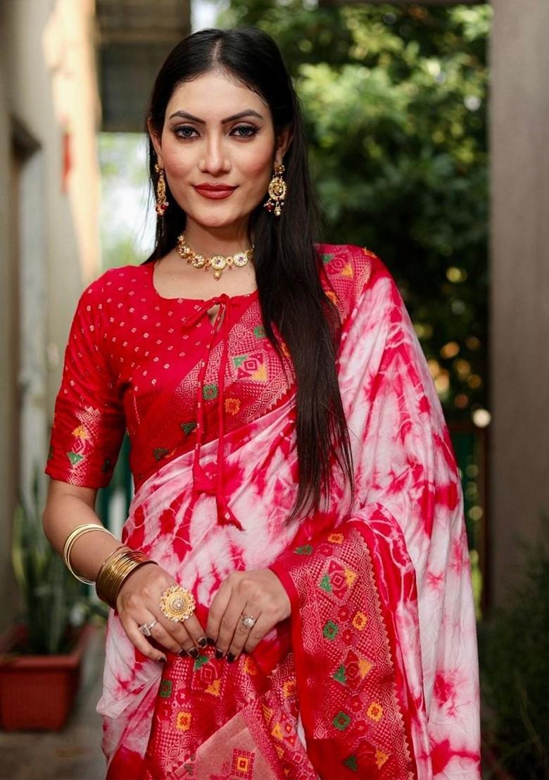 Red Tie And Dye Zari Pure Silk Saree Set