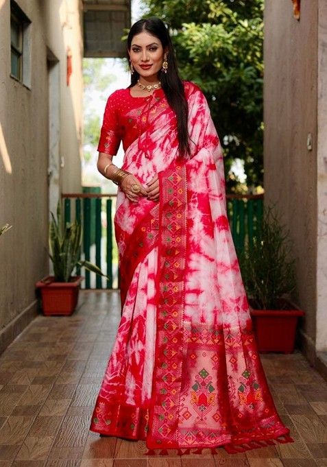 Red Tie And Dye Zari Pure Silk Saree Set