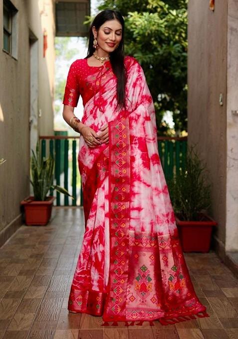 Red Tie And Dye Zari Pure Silk Saree Set