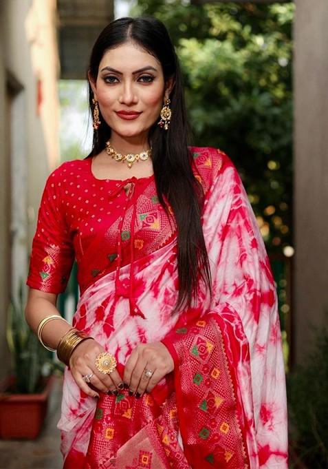 Red Tie And Dye Zari Pure Silk Saree Set