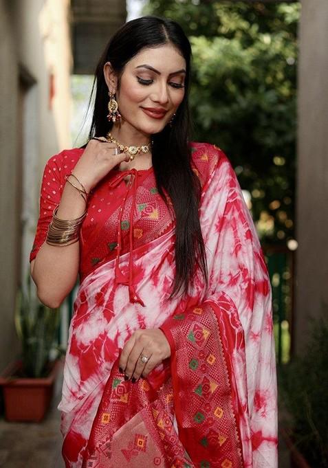 Red Tie And Dye Zari Pure Silk Saree Set