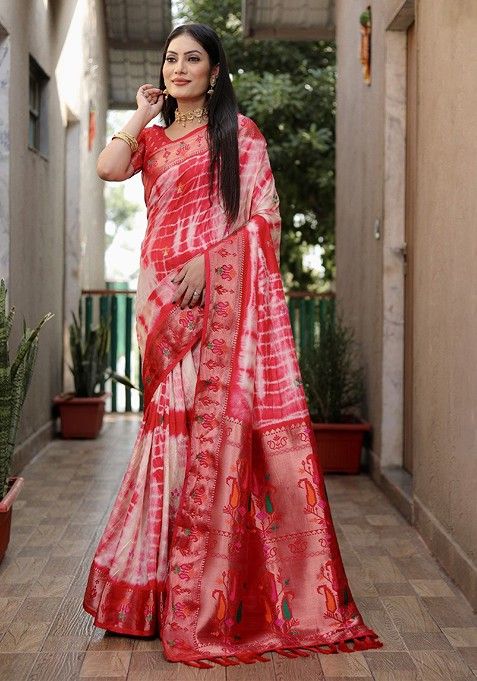 Red Tie And Dye Zari Pure Silk Saree Set