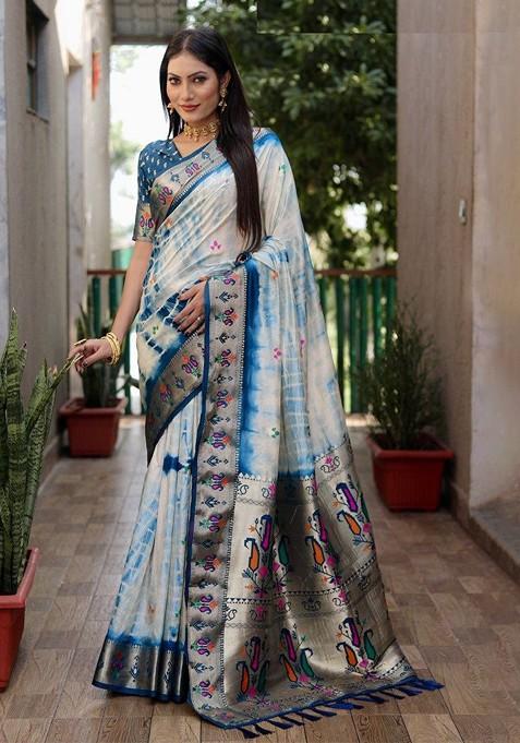 Blue Tie And Dye Zari Pure Silk Saree Set