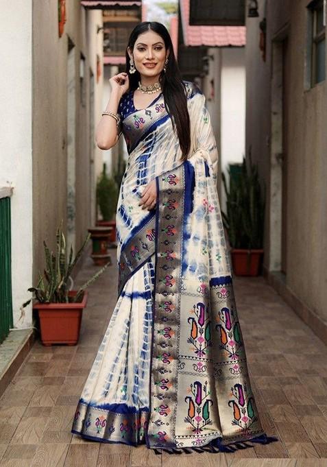 White Tie And Dye Zari Pure Silk Saree Set