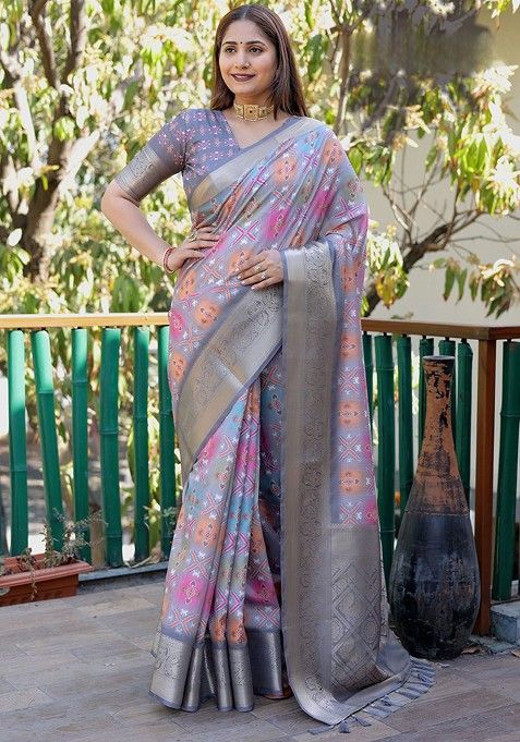 Grey Floral Zari Pure Silk Bandhani Saree Set