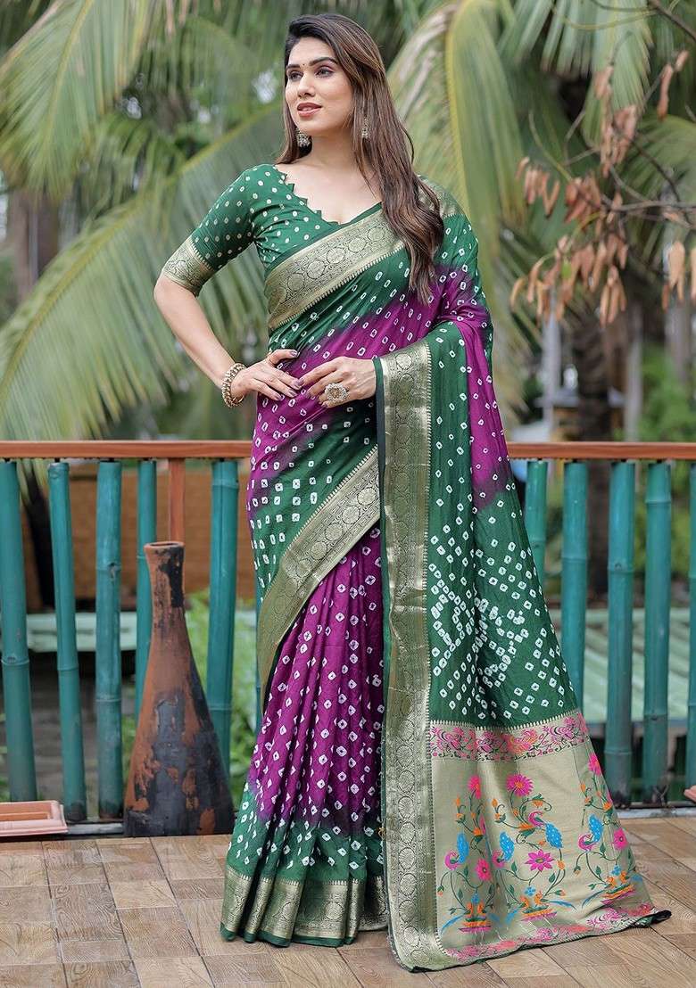 Purple Printed Pure Silk Bandhani Saree Set - Indya
