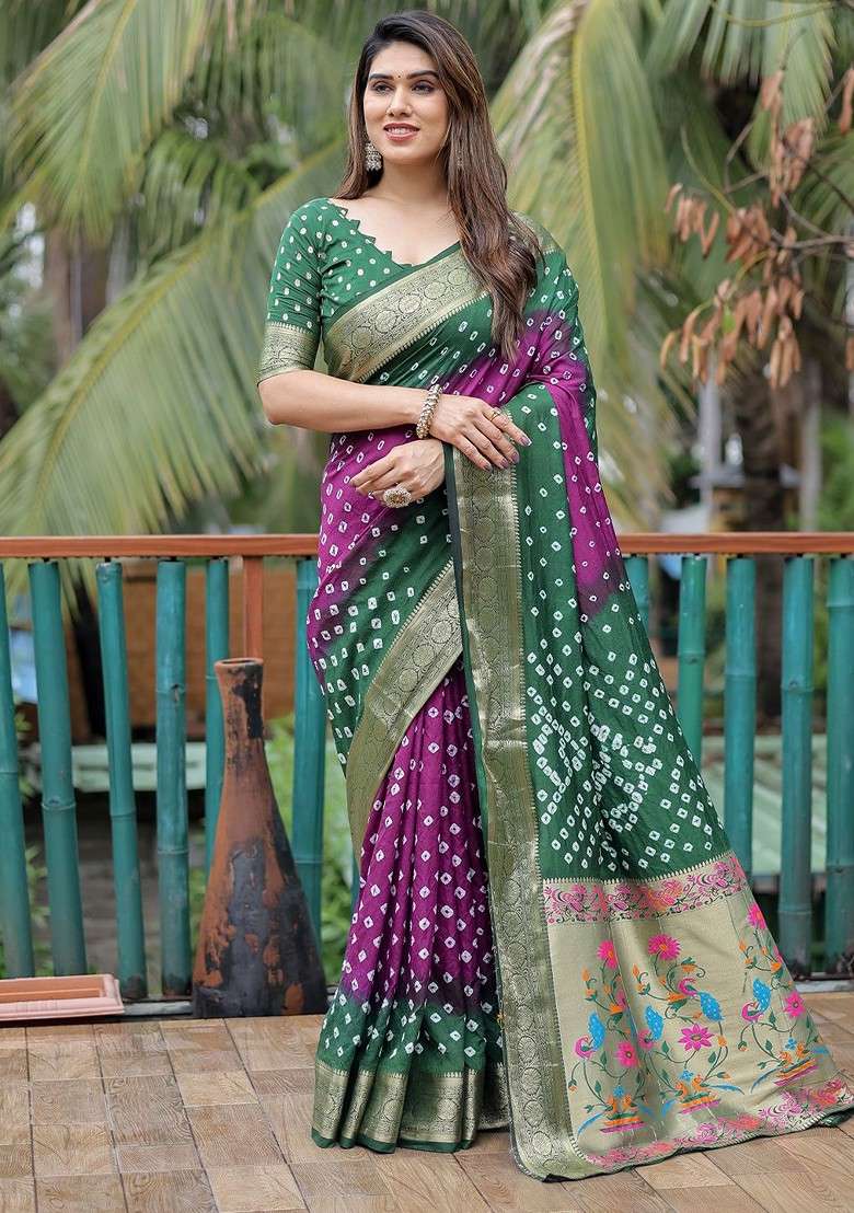 Purple Printed Pure Silk Bandhani Saree Set - Indya