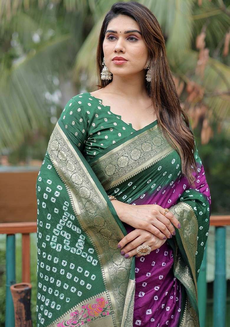 Purple Printed Pure Silk Bandhani Saree Set - Indya
