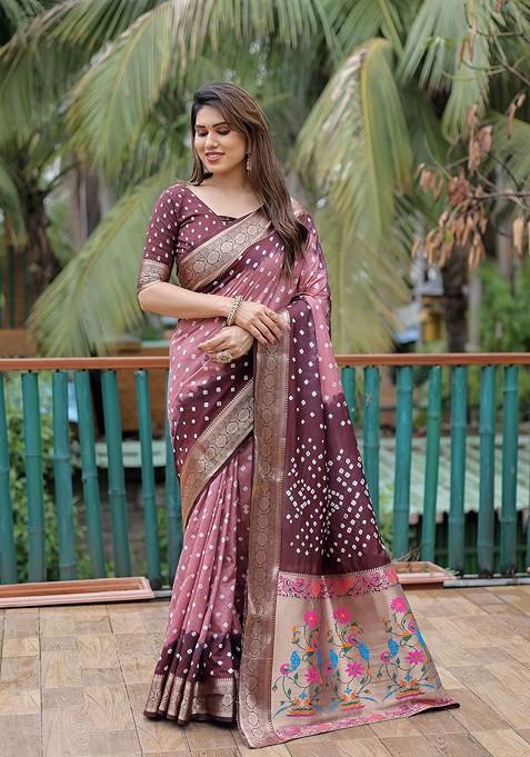 Coffee Brown Pure Silk Bandhani Saree Set