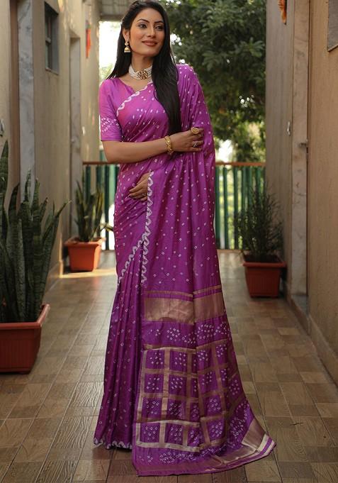 Lavender Pure Silk Bandhani Saree Set