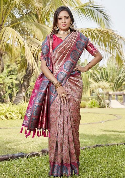 Beige Ethnic Motifs Zari Pure Kanjeevaram Silk Saree Set