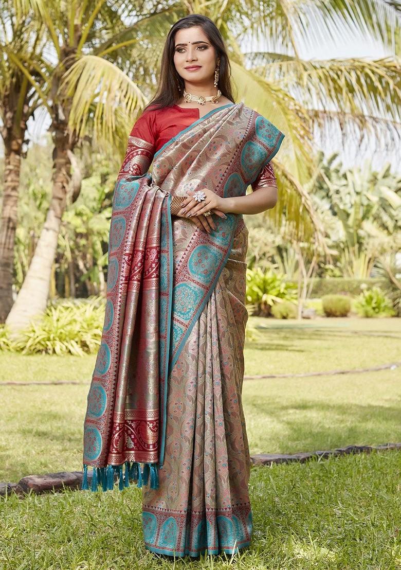 Beige Woven Zari Pure Kanjeevaram Silk Saree Set - Indya