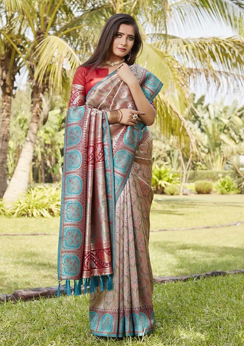 Beige Woven Zari Pure Kanjeevaram Silk Saree Set - Indya