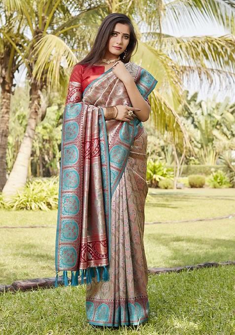 Beige Woven Zari Pure Kanjeevaram Silk Saree Set