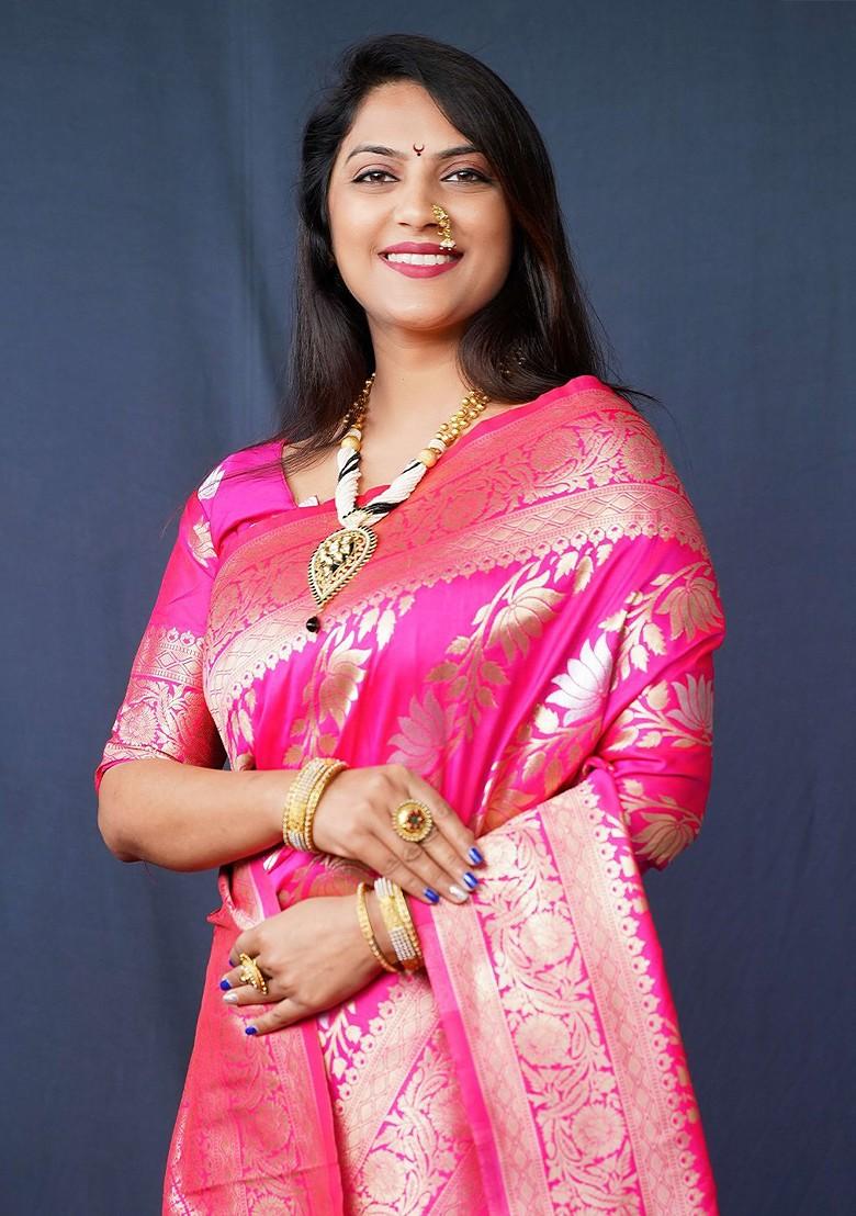 Pink Floral Woven Zari Pure Banarasi Silk Saree Set