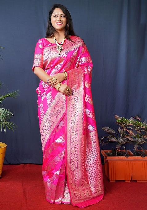 Pink Floral Woven Zari Pure Banarasi Silk Saree Set