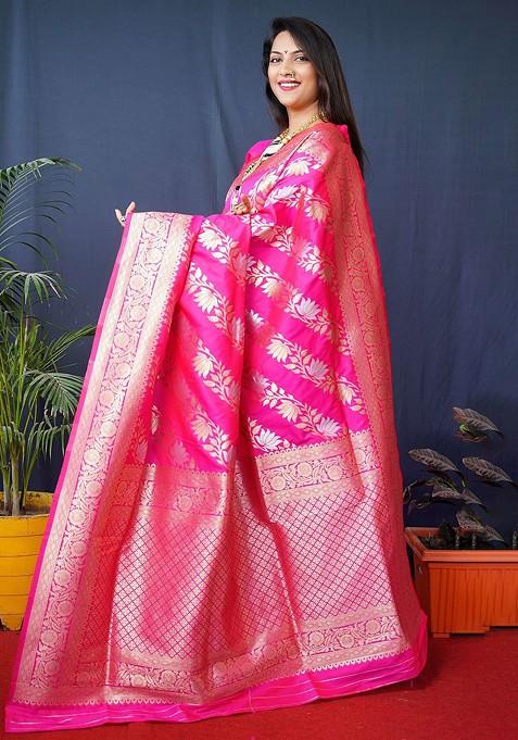 Pink Floral Woven Zari Pure Banarasi Silk Saree Set
