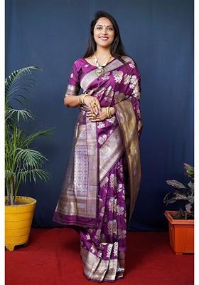 Purple Floral Woven Zari Pure Banarasi Silk Saree Set