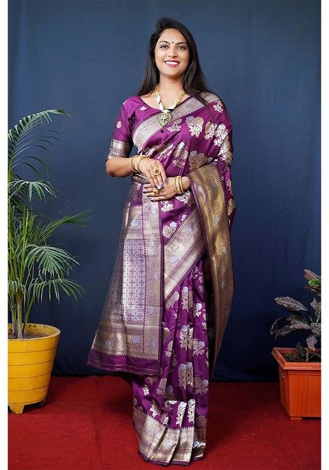 Purple Floral Woven Zari Pure Banarasi Silk Saree Set