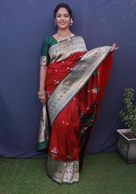 Red Woven Pure Banarasi Silk Saree Set