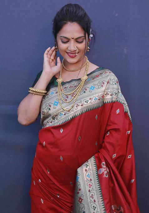 Red Woven Pure Banarasi Silk Saree Set