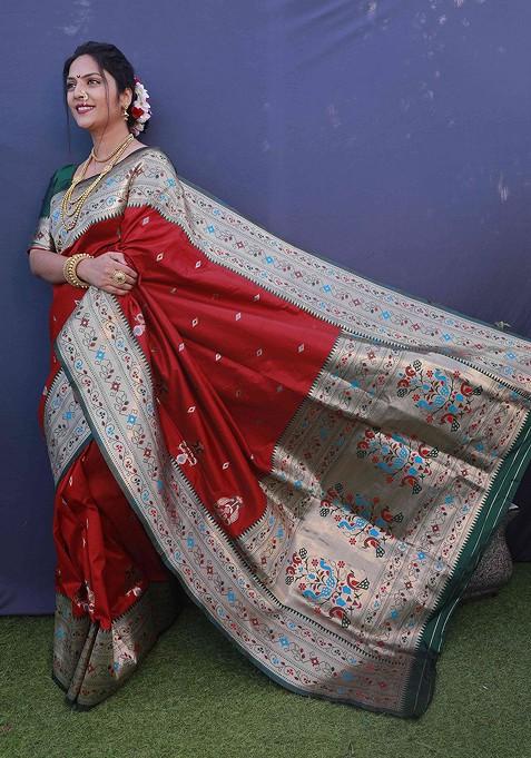 Red Woven Pure Banarasi Silk Saree Set