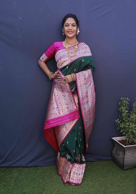 Green Woven Pure Banarasi Silk Saree Set