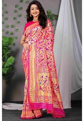 Pink Ethnic Motif Woven Zari Pure Banarasi Silk Saree Set