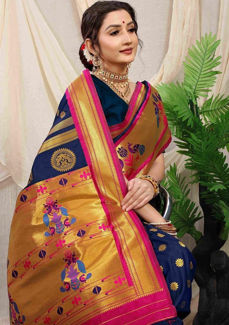 Blue Floral Woven Zari Pure Banarasi Silk Saree Set