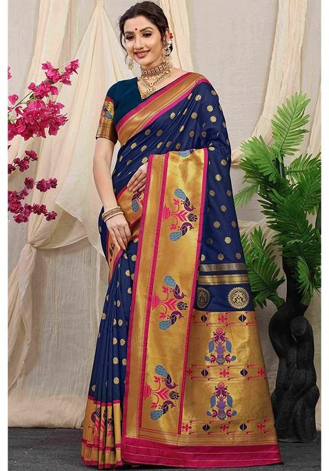 Blue Floral Woven Zari Pure Banarasi Silk Saree Set