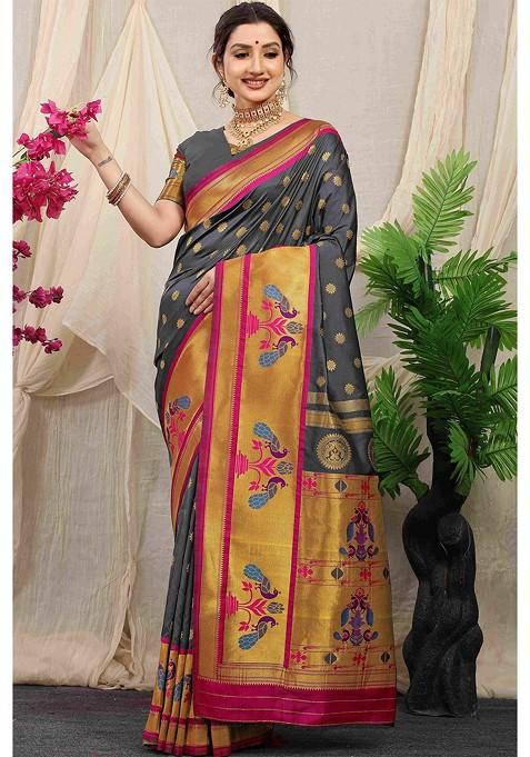 Grey Floral Ethnic Motif Woven Zari Pure Banarasi Silk Saree Set