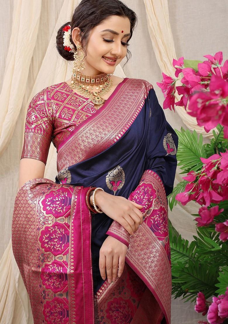 Navy Blue Ethnic Motifs Woven Zari Pure Banarasi Silk Saree Set - Indya
