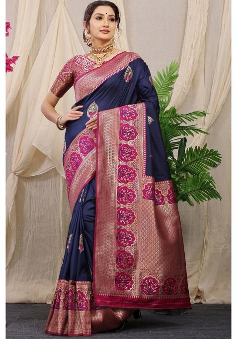 Navy Blue Ethnic Motifs Woven Zari Pure Banarasi Silk Saree Set