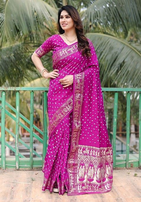 Purple Pure Silk Bandhani Saree Set