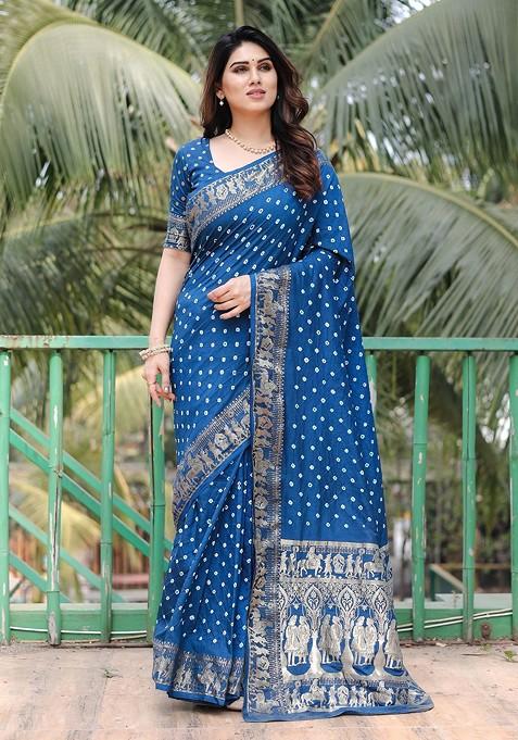 Navy Blue Woven Bandhani Print Pure Silk Saree Set