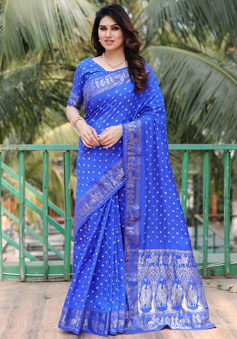 Blue Pure Silk Bandhani Saree Set