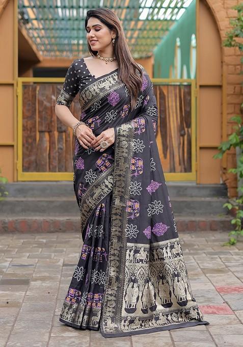 Black Pure Silk Bandhani Saree Set