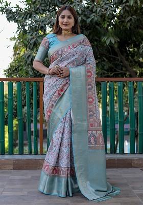 Turquoise Blue Ethnic Motif Printed Pure Silk Saree Set