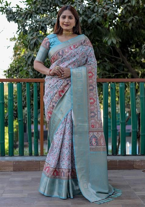 Turquoise Blue Ethnic Motif Printed Pure Silk Saree Set