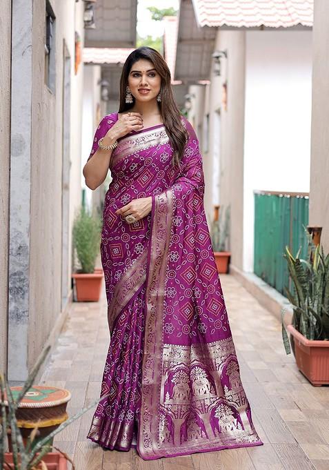 Purple Woven Floral Pure Silk Bandhani Saree Set