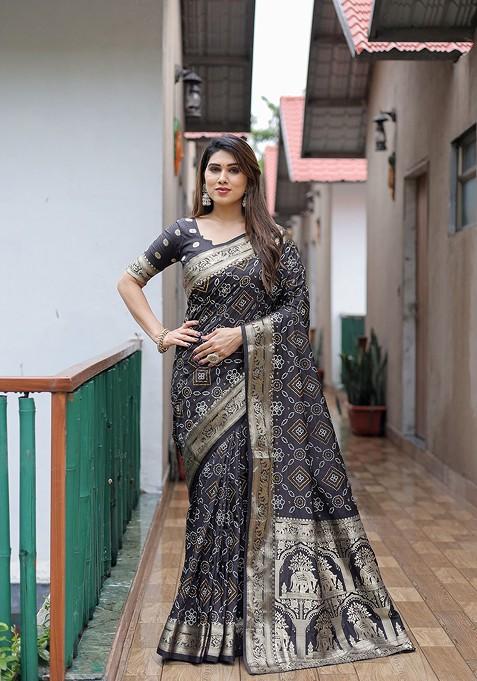 Crush Bandhani Print Moss Silk Black Saree with Mirror Border and Running Blouse main image 1