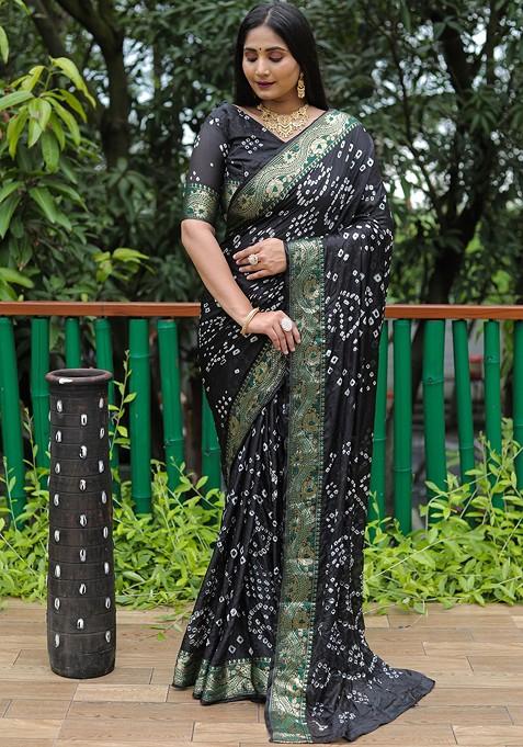 Black Bandhani Print Pure Silk Saree Set