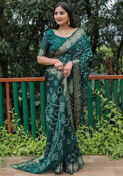 Green Zari Pure Silk Bandhani Saree Set