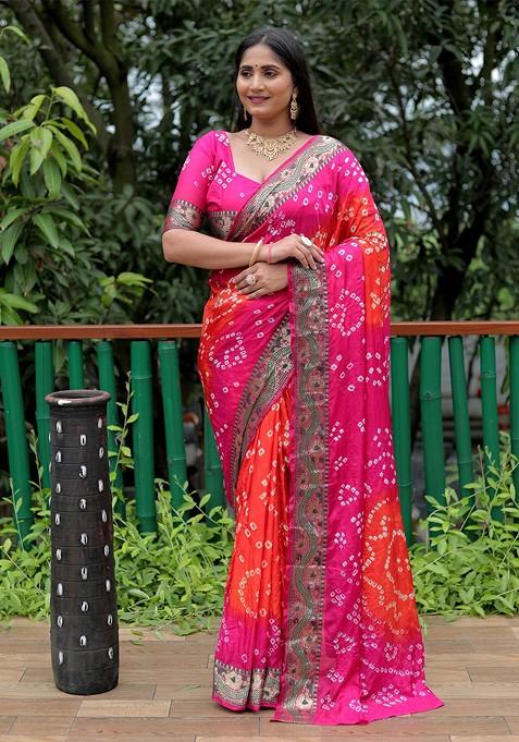 Pink Printed Pure Silk Bandhani Saree Set