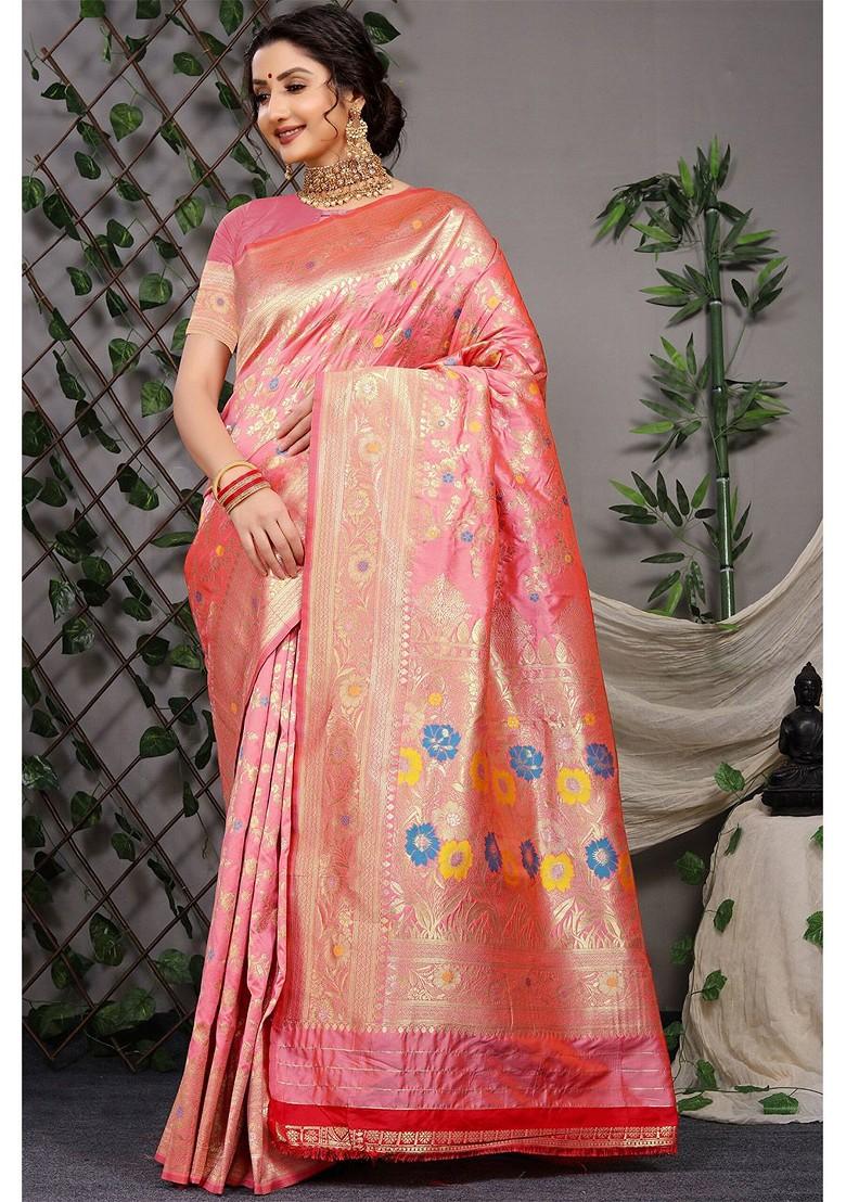 Peach Floral Woven Zari Pure Banarasi Silk Saree Set