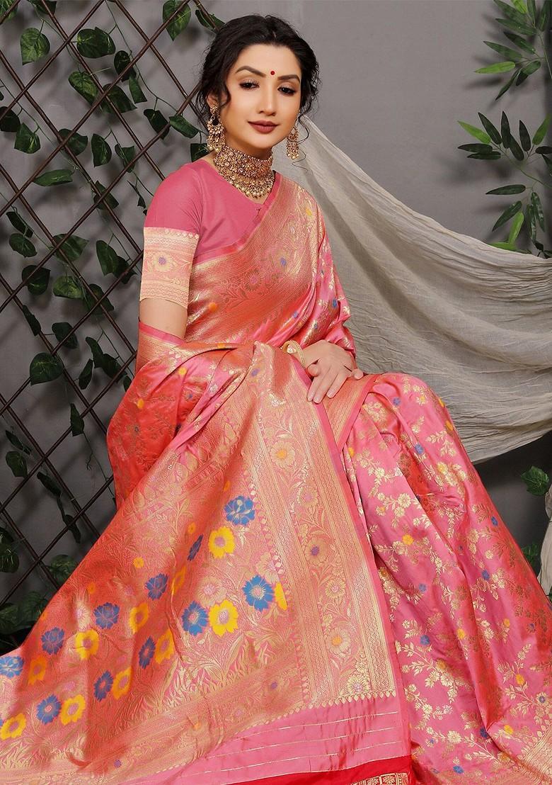 Peach Floral Woven Zari Pure Banarasi Silk Saree Set