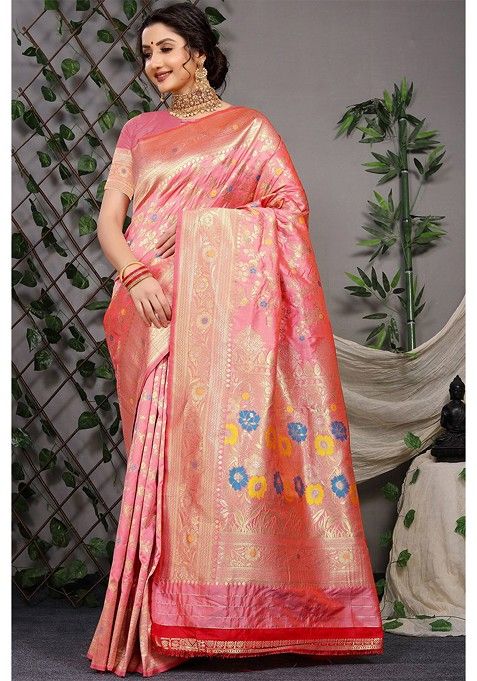 Peach Floral Woven Zari Pure Banarasi Silk Saree Set