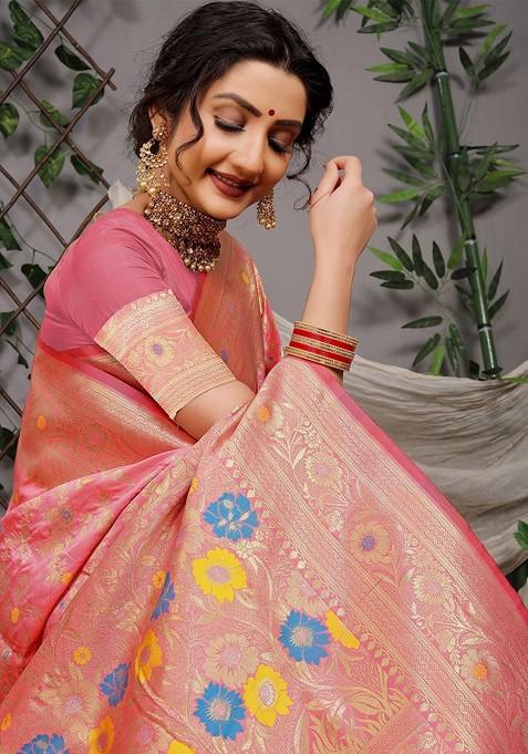 Peach Floral Woven Zari Pure Banarasi Silk Saree Set